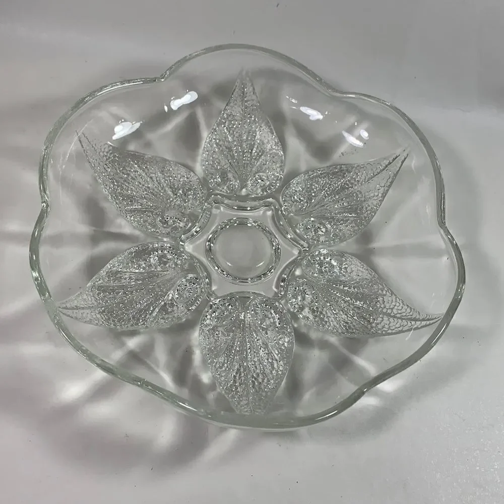 Vintage Glass Serving Trinket Textured Leaves EUC